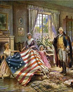 an american flag is being draped in the living room by two men and women,