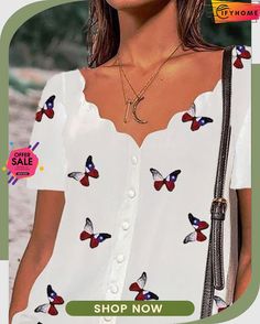 Short Sleeve Shirt In Flag Colors with A Butterfly Pattern Dress Attire, Butterfly Shirts, Flag Colors, Butterfly Pattern, Women Shirts Blouse, A Butterfly, Summer Shirts, Short Sleeve Shirt, Cotton Shirt