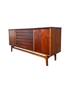 a wooden sideboard with three drawers on one end and two doors on the other