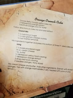 the menu for an orange crunch cake