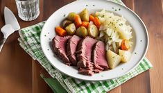 a white plate topped with meat, potatoes and carrots next to a glass of water