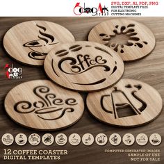 wooden coasters with coffee designs on them are shown in the shape of letters and numbers