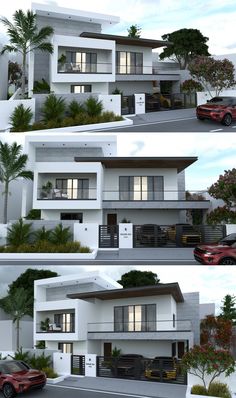 three different views of the front and side of a house