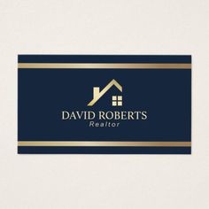 a real estate agent business card with gold trimmings on the front and blue background