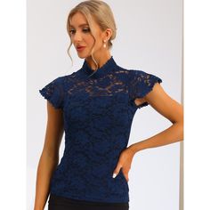 A semi-sheer top featuring an allover floral lace design, round neck, ruffle Sleeve. Great for simple fashion pants or skirts. Pair this sheer lace top with a cami top or tank top. Perfectly match with heels and a clutch bag for an elegant style. The lace blouse can show off your charming side in your daily wear. In its charming design, this top can be a good choice for the upcoming season. Elegant Non-stretch Lace Top For Spring, Fitted Lace Top With Lace Sleeves And Crew Neck, Fitted Lace Top With Crew Neck And Lace Sleeves, Blue Lace Patchwork Top For Spring, Fitted Lace Sleeve Crew Neck Top, Stretch Lace Patchwork Short Sleeve Tops, Stretch Short Sleeve Tops With Lace Patchwork, Casual Non-stretch Lace Top, Fitted Lace Top With Crew Neck