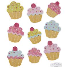 cupcakes with sprinkles are arranged in different shapes and sizes on a white background