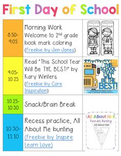 the first day of school schedule is shown in blue, yellow and green with an image of