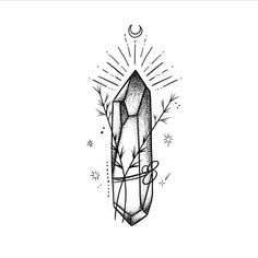 a black and white drawing of a crystal on a white background with the moon above it