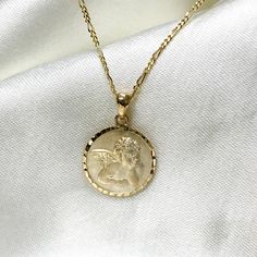 14K Yellow Gold Large Angel Pendant With 1.6mm Figaro 3+1 Chain Religious Necklace, Heavenly Necklace Perfect Gift for Loved Ones ✅ PENDANT SPECIFICATIONS:  * Single Sided * Height: 0.47 in. (12 MM) * Width: 0.39 in. (10 MM) * Average Weight: 0.81 gr. ✅ CHAIN SPECIFICATIONS:  * Clasp: Spring-Ring  * Width: 1.6 MM ➤ Length: 14 inches   Avg Weight: 1.2 ➤ Length: 16 inches   Avg Weight: 1.34 ➤ Length: 18 inches   Avg Weight: 1.49 ➤ Length: 20 inches   Avg Weight: 1.67 ➤ Length: 22 inches   Avg Weig Gold Plated 14k Stamped Chain Necklace Gift, Gold Plated Chain Necklace Stamped 14k For Gift, White Gold Chain Necklace With Round Pendant For Anniversary, Anniversary White Gold Chain Necklace With Round Pendant, Dainty Jewelry With Figaro Chain And Round Pendant, Figaro Chain Necklace With Round Pendant For Gifts, Dainty Figaro Chain Jewelry With Round Pendant, Dainty Round Pendant With Figaro Chain, Yellow Gold Figaro Chain Round Pendant Jewelry