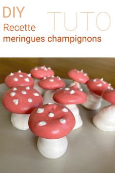 red and white mushrooms sitting on top of a table next to each other with the words diy tuto written above them