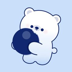 a white bear holding a blue ball in its paws with one paw on it's chest