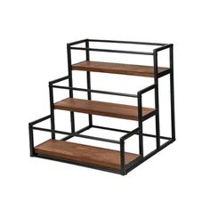 three tiered wooden shelf with metal frame and wood shelves on each side, against a white background