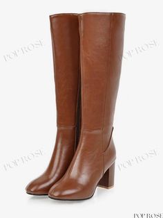 Elegant Women's Block Heel Boots with Round Toe Brown Closed Toe Knee-high Boots For Winter, Brown Square Toe Knee-high Boots For Work, Brown Closed Toe Knee-high Boots For Fall, Brown Faux Leather Knee-high Boots For Winter, Brown Square Toe Knee-high Boots In Faux Leather, Brown Square Toe Knee-high Faux Leather Boots, Brown Knee-high Boots For Fall Workwear, Spring Office Brown Boots, Classic Brown Square Toe Knee-high Boots