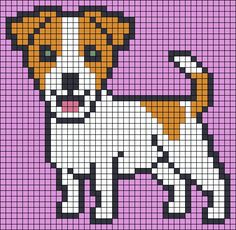 a cross stitch dog on a purple background