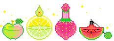 an image of pixel art with fruit and perfume bottles on white background in 8x10 format