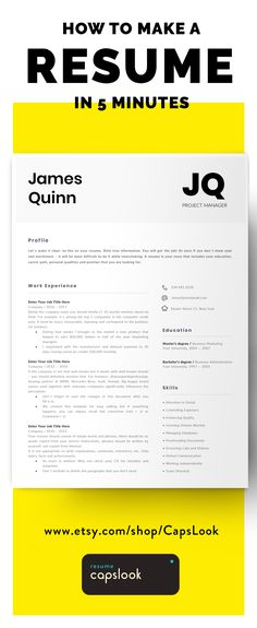 a yellow and black resume with the title how to make a resume in 5 minutes