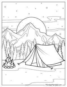 a coloring page with a tent and campfire