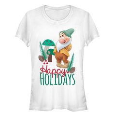 Dwarves are never bashful about celebrating the holidays, unless it's Bashful on the Disney Snow White and the Seven Dwarves Christmas Bashful Juniors' T-Shirt. The shy dwarf, Bashful, is surrounded by mushrooms, pinecones, and "Happy Holidays" on this festive shirt. Size: xl. Gender: female. Age Group: adult. Pattern: Fictitious Character. Material: Cotton. Popular Disney Movies, Snow White Apple, Snow White Queen, Snow White Evil Queen, Disney Shorts, Disney Snow White, Snow White And The Seven Dwarfs, The Seven Dwarfs, Festival Shirts