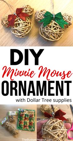 diy miniature mouse ornament with dollar tree supplies on the bottom and below