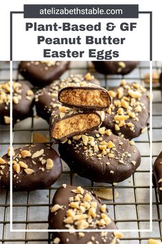 chocolate peanut butter easter eggs on a cooling rack with text overlay that reads plant - based & gf peanut butter easter eggs