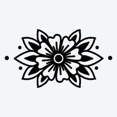 a black and white drawing of a flower on a white background, with dots around it