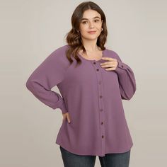 BloomChic Plus size clothing for women. You'll actually want to wear. Shop women's clothing sizes 10-30. With new styles added daily, you'll always find something to love. Free shipping on order $69. Free return for first order. Just shop now. Season:Winter Purple V-neck Blouse With Buttons, Purple Buttoned Tops For Work, Womens Trendy Tops, Love Free, Spring Color, Plus Size Clothing For Women, Womens Clothing Sizes, Trendy Tops, Sleeve Detail