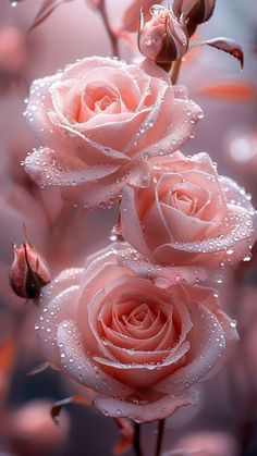 three pink roses with water droplets on them