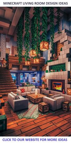 a living room filled with furniture and lots of plants hanging from the ceiling over a fire place