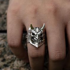 Rings- Vintage Mens Horror Anger Skull Ring Gothic Punk Biker Skeleton Rings for Men Party Jewelry Halloween GiftsModel Number:1005003101386572 Skeleton Ring, Hannya Mask, Gold Horns, Silver Skull Ring, Biker Jewelry, Vintage Punk, Estilo Punk, Jewelry Wedding Rings, Gothic Punk