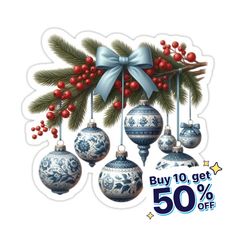 christmas decorations with blue and white ornaments hanging from the top, on sale for 50 % off