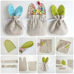 several different pictures of small bags with bunny ears on them and one has an egg in it