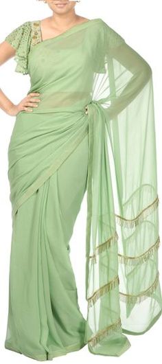 Green color Saree in Georgette fabric with Lace work Parrot Green Saree, Green Color Saree, Best Designer Sarees, Cutdana Work, Buy Designer Sarees Online, Mehendi Outfit, Pure Georgette Sarees, Sarees For Girls, Full Sleeve Blouse