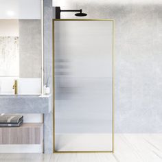 a bathroom with a shower, sink and mirror on the wall next to each other