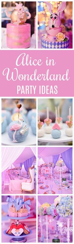 a collage of photos with pink and blue decorations on it, including cake, cupcakes, and other items