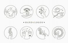 six hand and logo designs in black and white