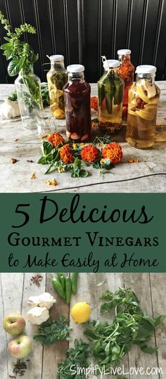 five jars filled with different types of vegetables and herbs on top of a wooden table