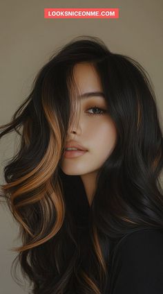 Subtle yet stunning! Brown highlights on black hair create a beautiful, natural-looking depth that enhances your style. 🌿 Perfect for an easy, sophisticated update. #BrownHighlightsForBlackHair #ModernHairColor #LowMaintenanceBeauty Highlights Black Hair, Chocolate Brunette Hair Color, Dimension Hair, Chocolate Brunette Hair, Chocolate Brunette