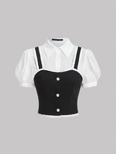 Blanco y Negro Casual Collar manga corta Tela tricotada Color combinado Camisa Embellished No-Elástico Sewing Shirt Ideas, Black And White Clothes, Striped Clothing, Colorblock Shirt, Fashion Top Outfits, Black And White Shirt, Braided Belt, Fashion Design Drawings, Fashion Design Clothes