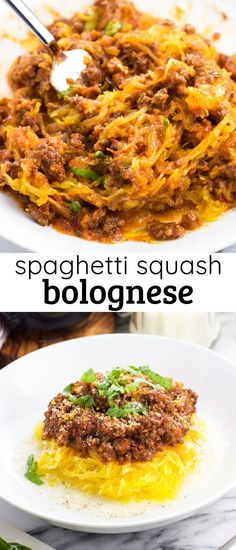 spaghetti sauce with bolognzoe and green beans in a white bowl