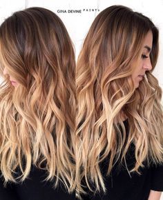 Gold Baylage Hair, Golden Ombre Hair, Ombre Hair Caramel, High Contrast Hair, Auburn Ombre, Hair Color Caramel, Brown Hair With Blonde Highlights