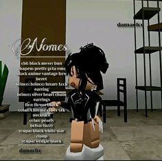 an animated image of a woman with black hair holding a bag and standing in front of a staircase