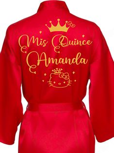 Make a bold statement with this stunning Red with Gold Quinceañera robe, perfect for your special day. Elegantly designed with luxurious gold accents, this robe adds a touch of royal glamour. Fully personalized to showcase your unique style, it's the perfect keepsake for celebrating your unforgettable Quinceañera in style. Includes : RobeAll the items are hand-made.Can be personalized with name and date of your celebration.We can decorate this set with any color or text you want. Princess Gold Gown For Quinceanera, Gold Princess Gown For Quinceanera, Princess Style Gold Gown For Quinceanera, Princess Style Gold Gown For Prom, Gold Princess Gown For Prom, Gold Princess Gown For Prom Season, Gold Princess Style Gown For Prom, Elegant Red Wedding Robe, Money Card Box