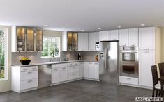 a modern kitchen with stainless steel appliances and white cabinetry, along with tile flooring