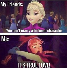 two cartoon characters with caption that reads, my friends you can't marry a fiction character me it's true love