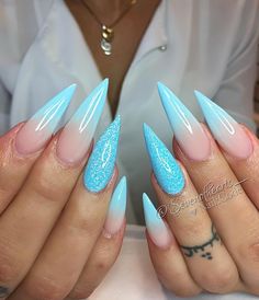 NailCode Baby Boomer nails with Nr, 148 Malibu Purity and dry Tiffany Blue Nails, Acrylic Nails Stiletto, Baby Boomers Nails, Blue Ombre Nails, Blue Glitter Nails, Baby Blue Nails, Fun Nail Colors, Stiletto Nail Art, Winter Nails Acrylic