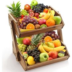 two wooden trays filled with different types of fruit