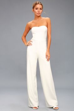 Strapless Pantsuit, Formal White Jumpsuit, Jumpsuits & Rompers, White Strapless Dress Summer, White Jumpsuit Formal, Wedding Shower Outfit, Wedding Romper, Strapless Casual Dress, White Sleeveless Jumpsuit