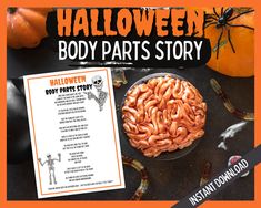 a halloween body parts story with pumpkins and other items on the table in front of it