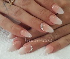 French Ombre Nails Almond Wedding, Bride's Nails Almond, Wedding Nails For Bride Almond Shape Ombre, Almond Nails For Bride, Wedding Nails For Bride Almond Shape French Tip, Civil Wedding Nails, Classy Bridal Nails Almond, Bridal Almond Nails Wedding, Swarovski Nails Designs Simple