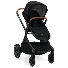 the baby stroller is black and has a wooden handle on it's side